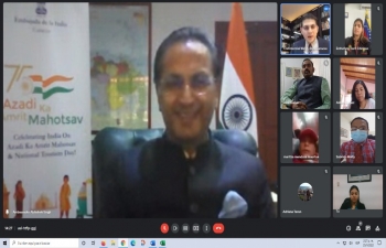 Amb. Abhishek Singh gave a keynote address during the webinar organised on the occasion of the National Tourism Day which saw enthusiastic participation from tourism agencies of Venezuela.  Amb. Singh encouraged Venezuelans to visit India and experience 'Incredible India